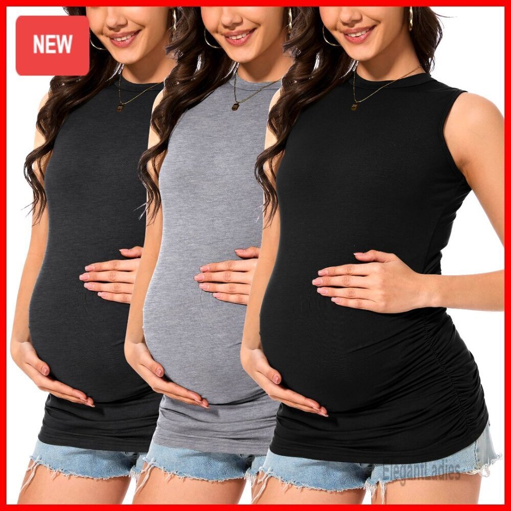 Maternity Tank Top 3 Pack, Stretchy Side Ruched, Sleeveless Crew Neck